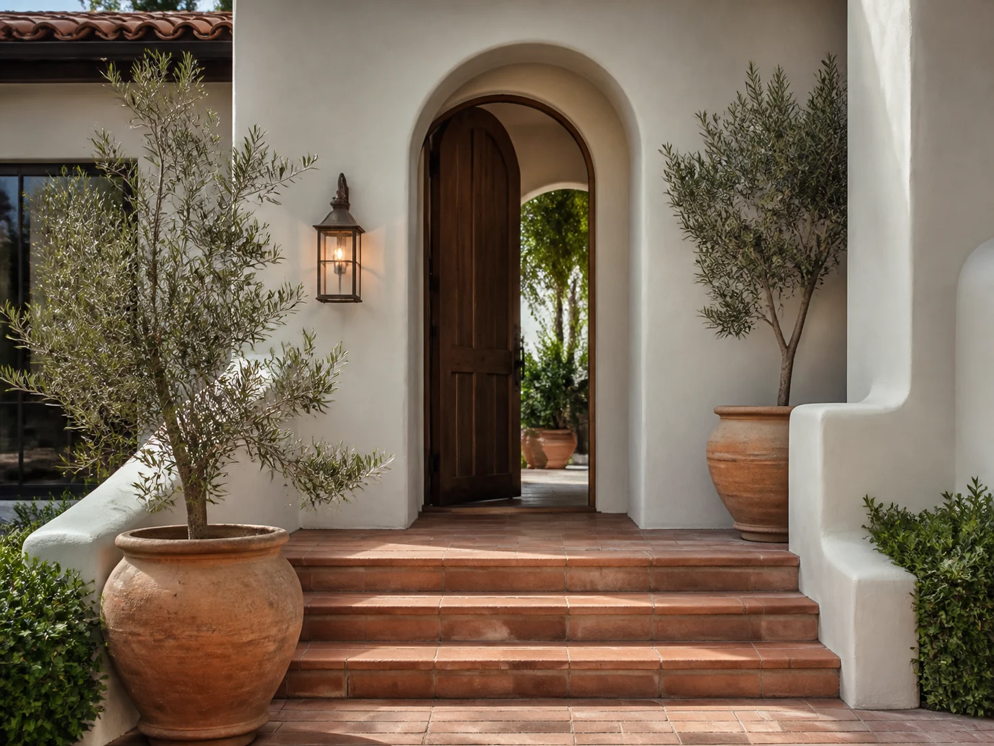 Mediterranean entryway with terracotta steps and potted olive trees