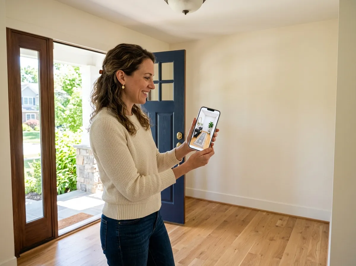 Homeowner standing in empty entryway reviewing AI entryway design options on phone