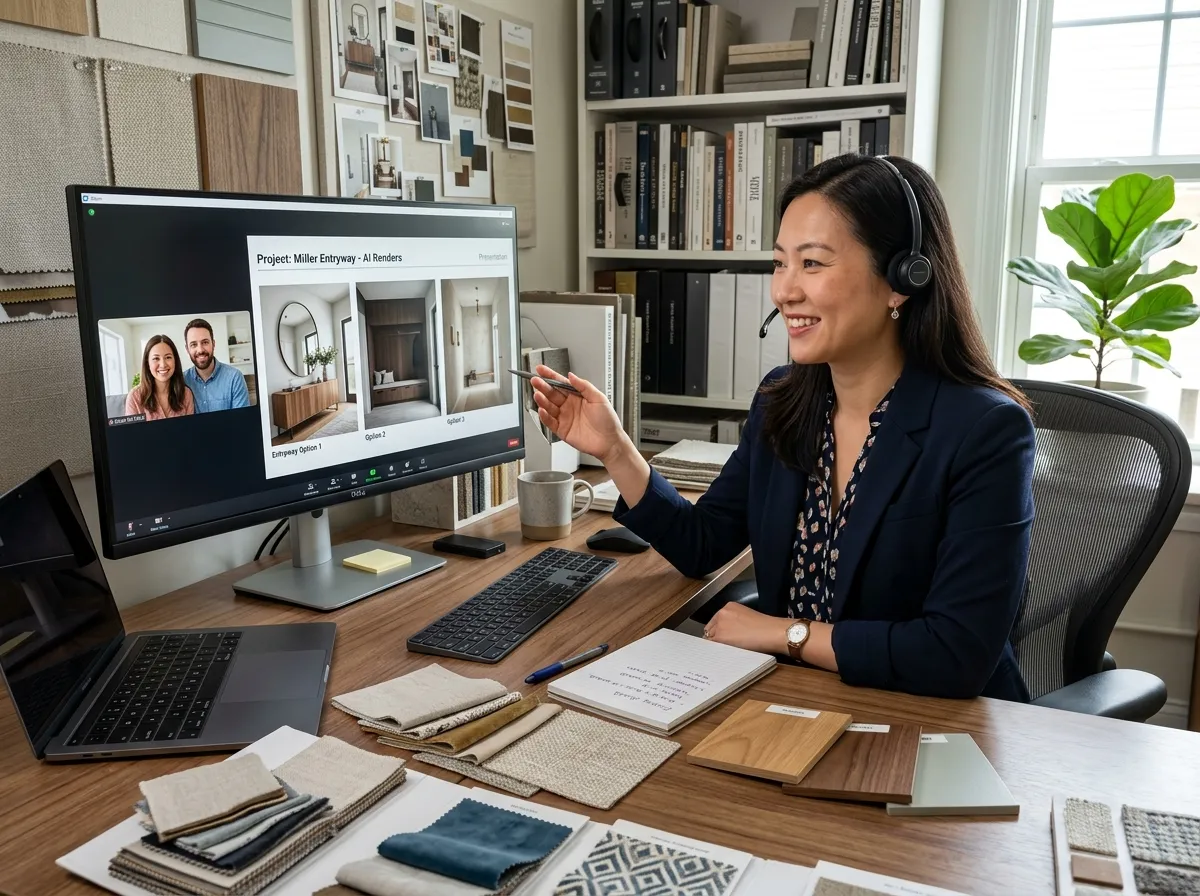 Interior designer presenting AI entryway design concept to client on a large monitor