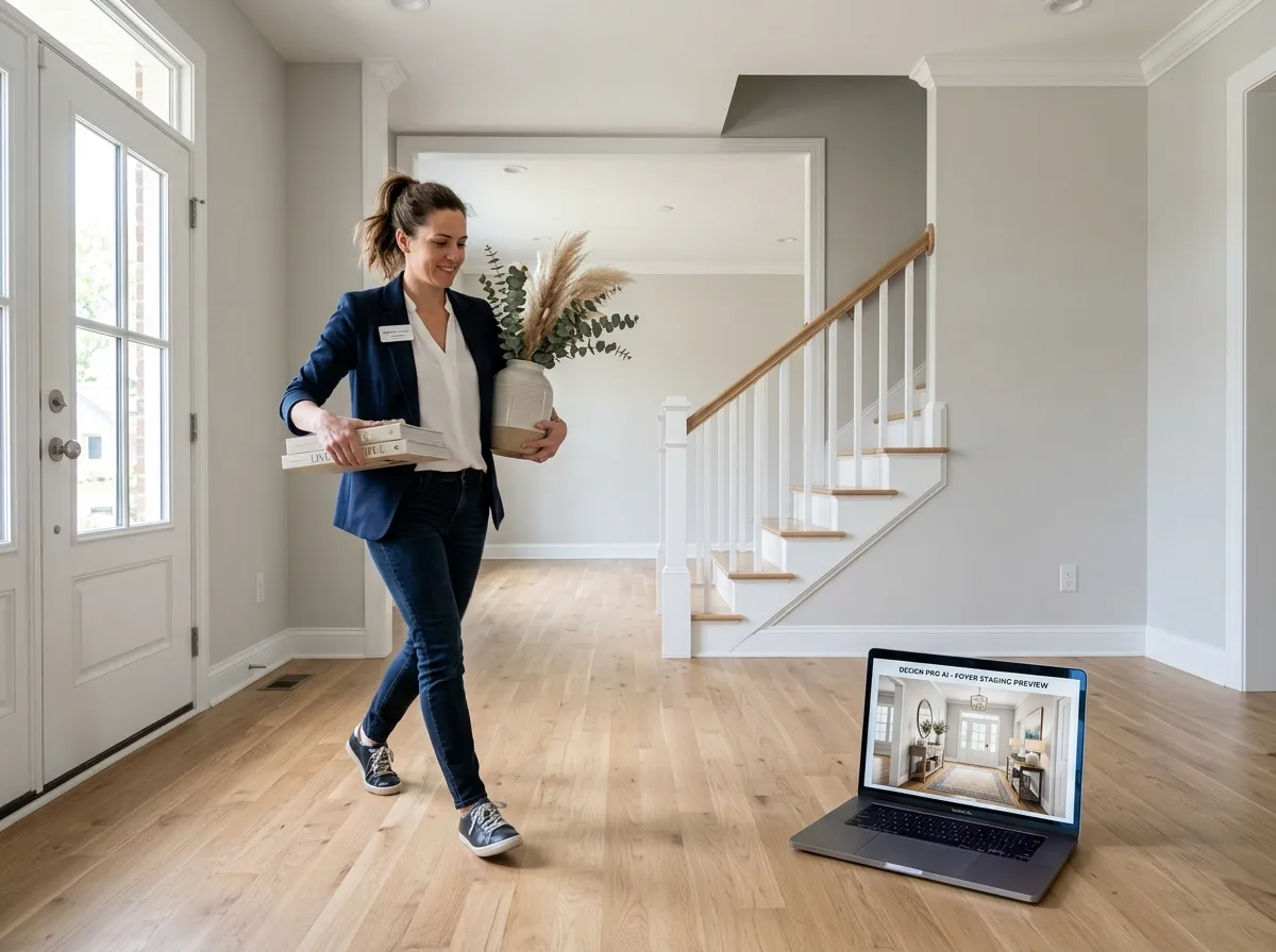 Home stager comparing empty foyer with AI-designed entryway staging on a laptop