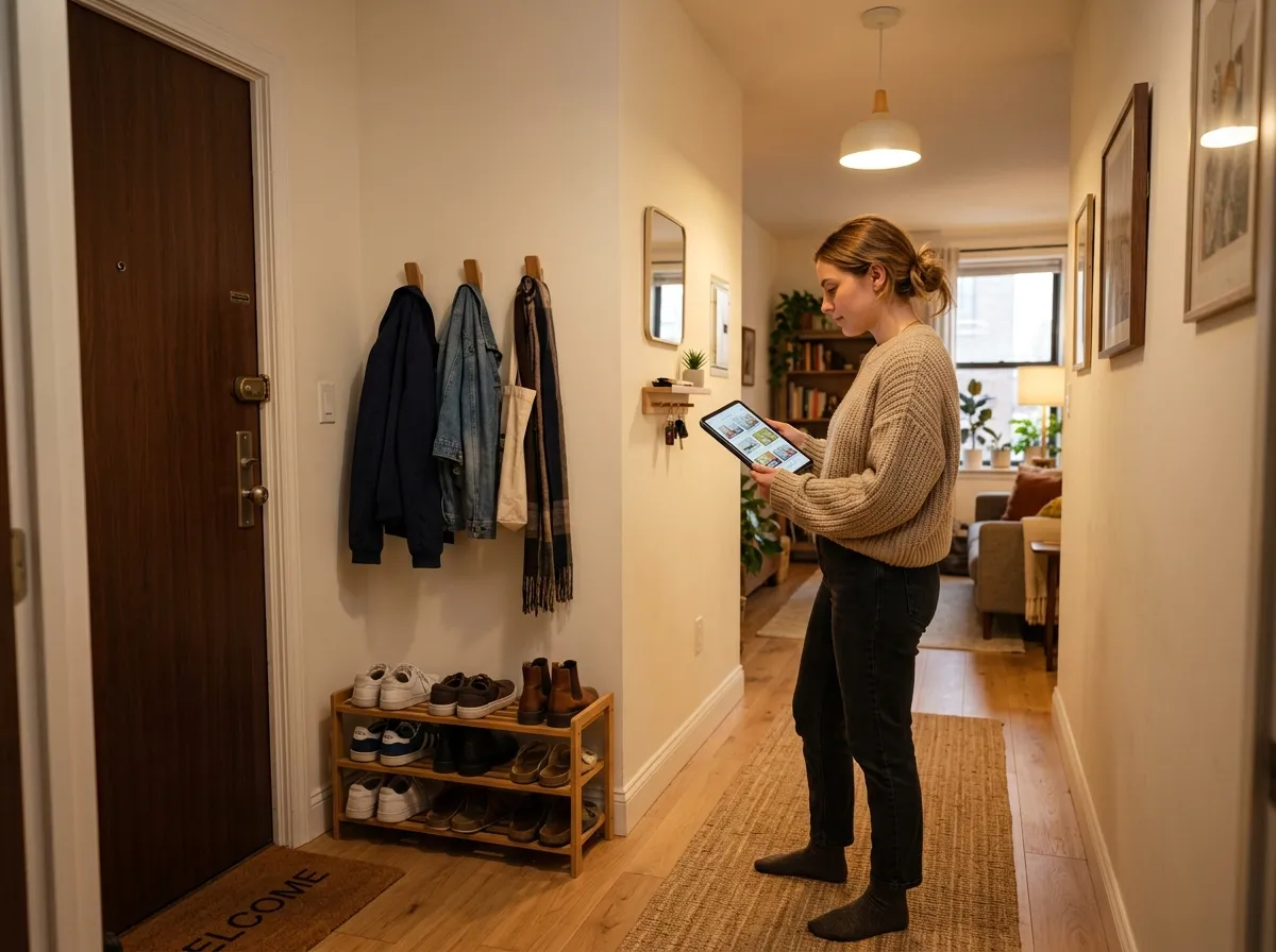 Apartment renter in a narrow hallway browsing AI entryway design ideas on a tablet