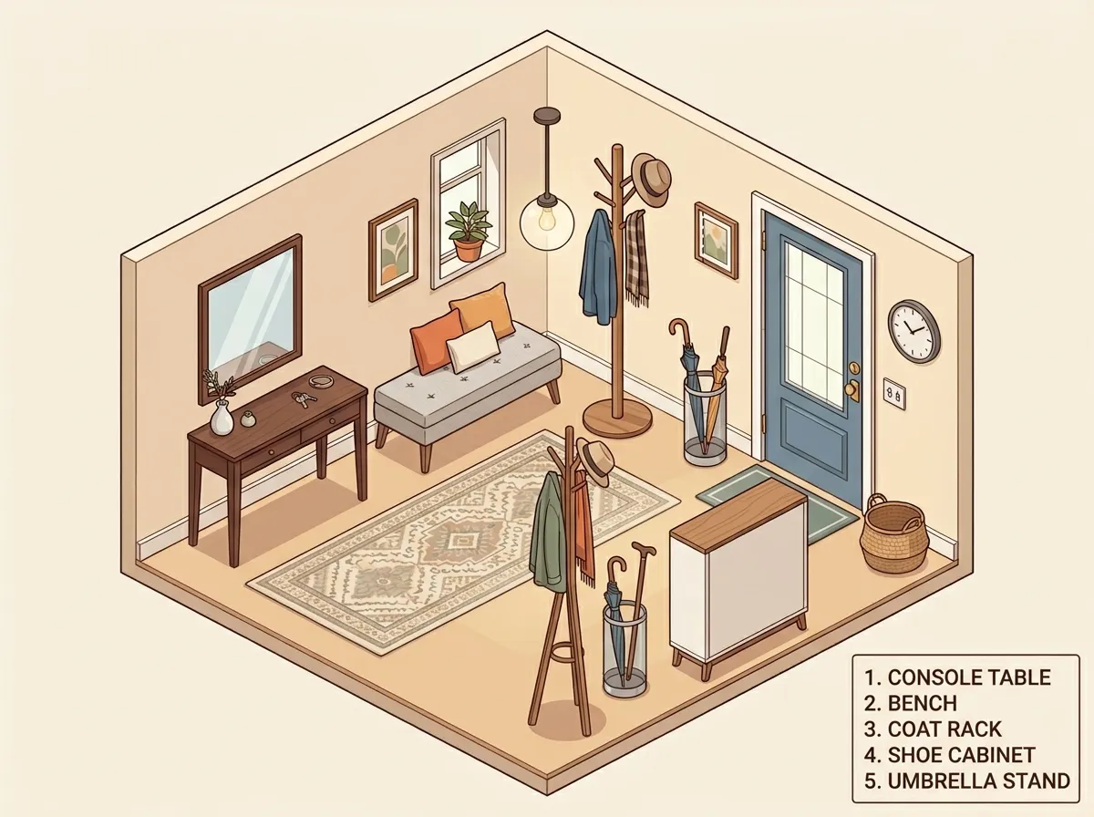 AI entryway design furniture arrangement showing console, bench, and storage options