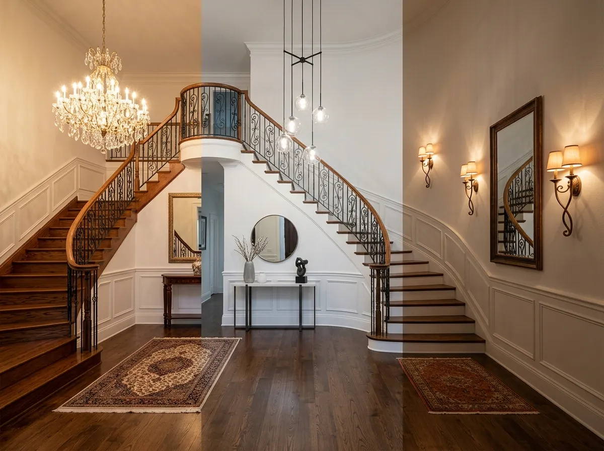 AI entryway design lighting plan with chandelier, sconces, and strategic mirror placement