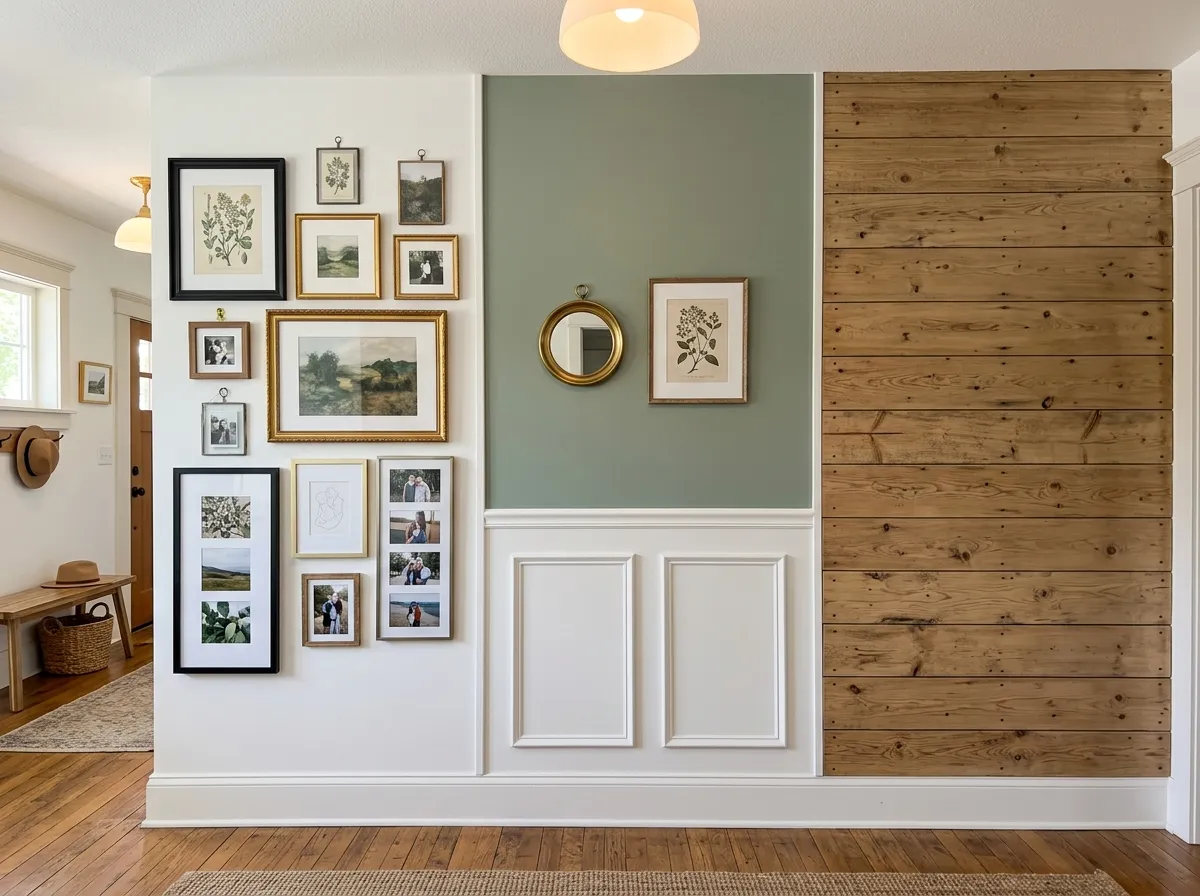 AI entryway design wall treatment options showing gallery wall, wainscoting, and accent color