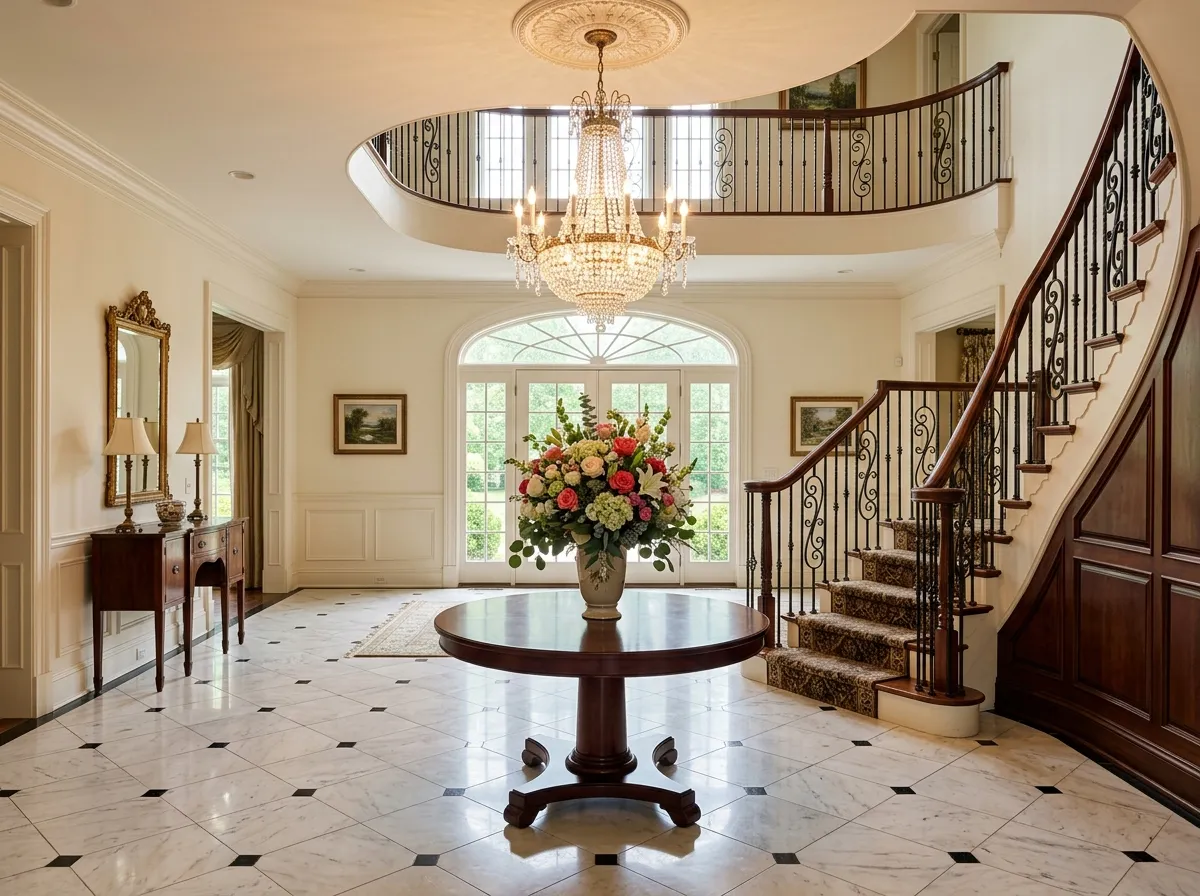 Grand traditional AI entryway design with chandelier and marble foyer