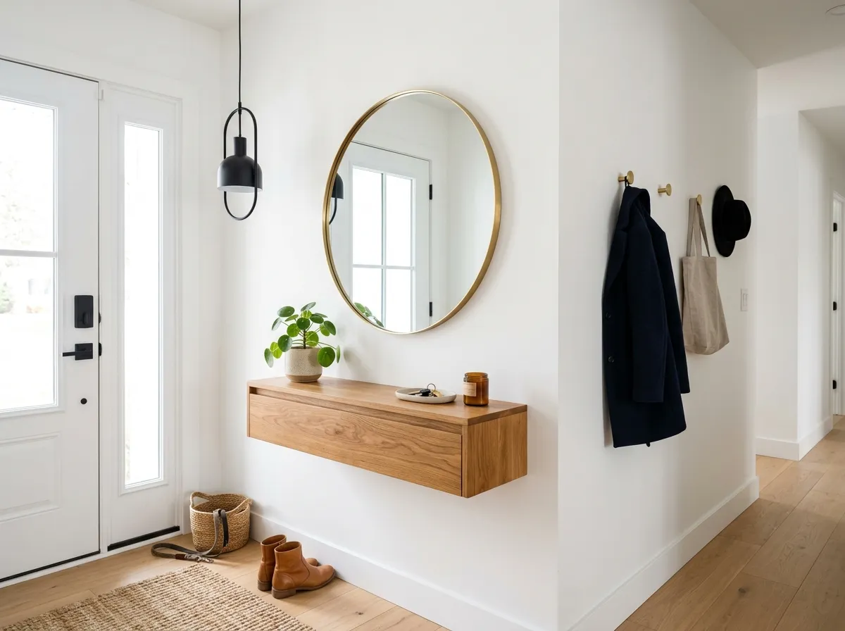 Modern minimalist AI entryway design with floating console and statement pendant