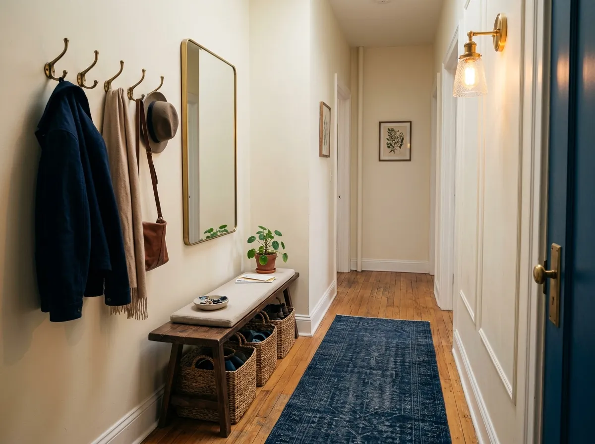 AI entryway design for narrow hallway with slim bench and vertical mirror