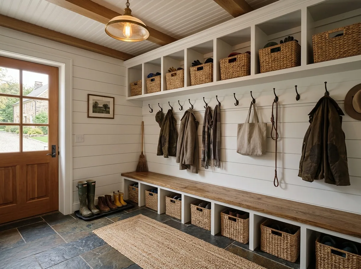 Farmhouse-style AI entryway design with mudroom cubbies and shiplap accent wall