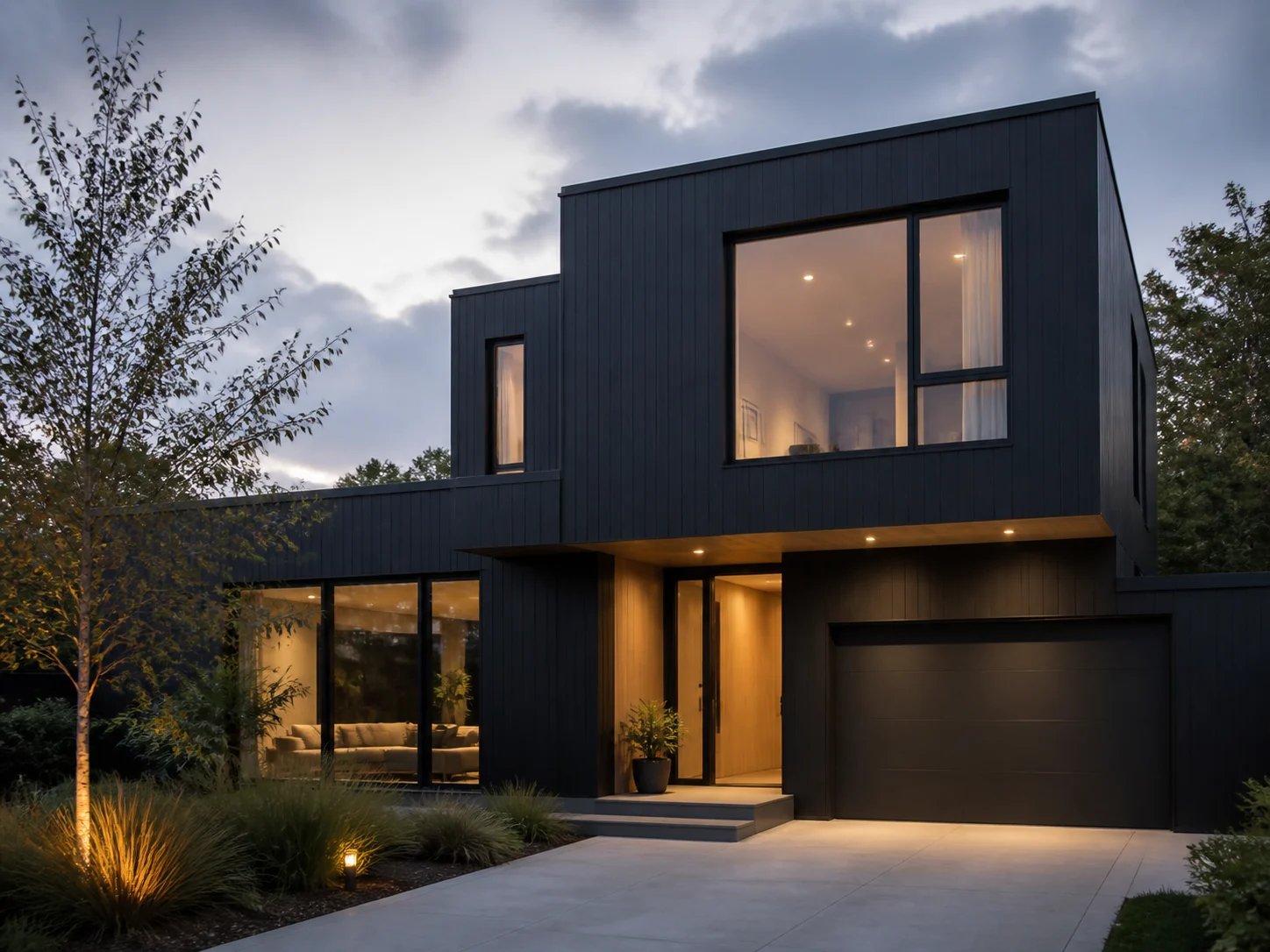 Modern house exterior with dark cladding and large windows