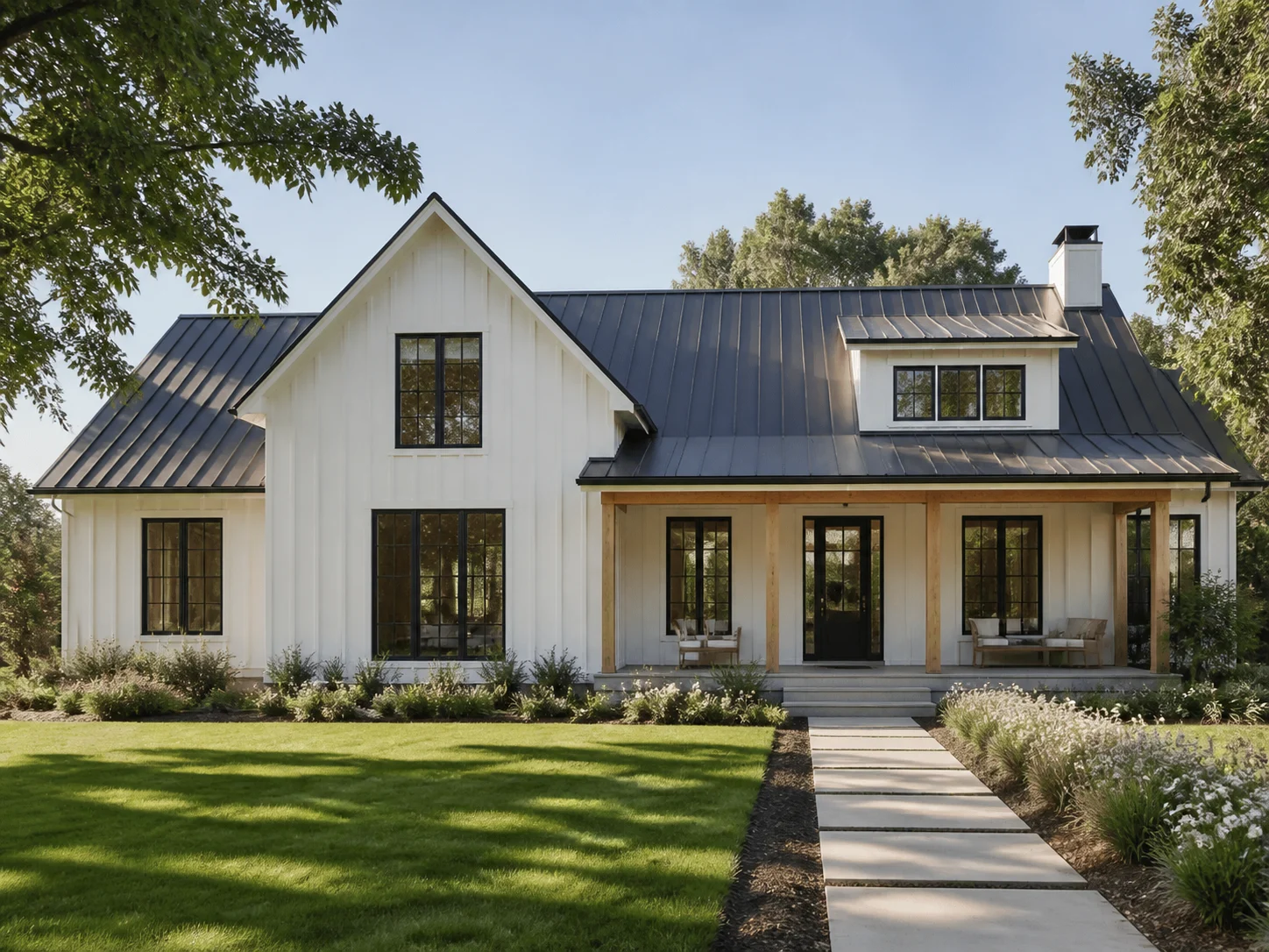 Farmhouse exterior with white board-and-batten siding