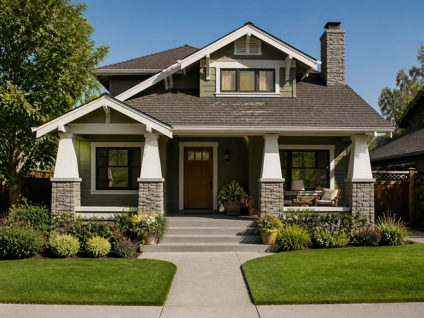 Craftsman exterior bungalow with tapered porch columns