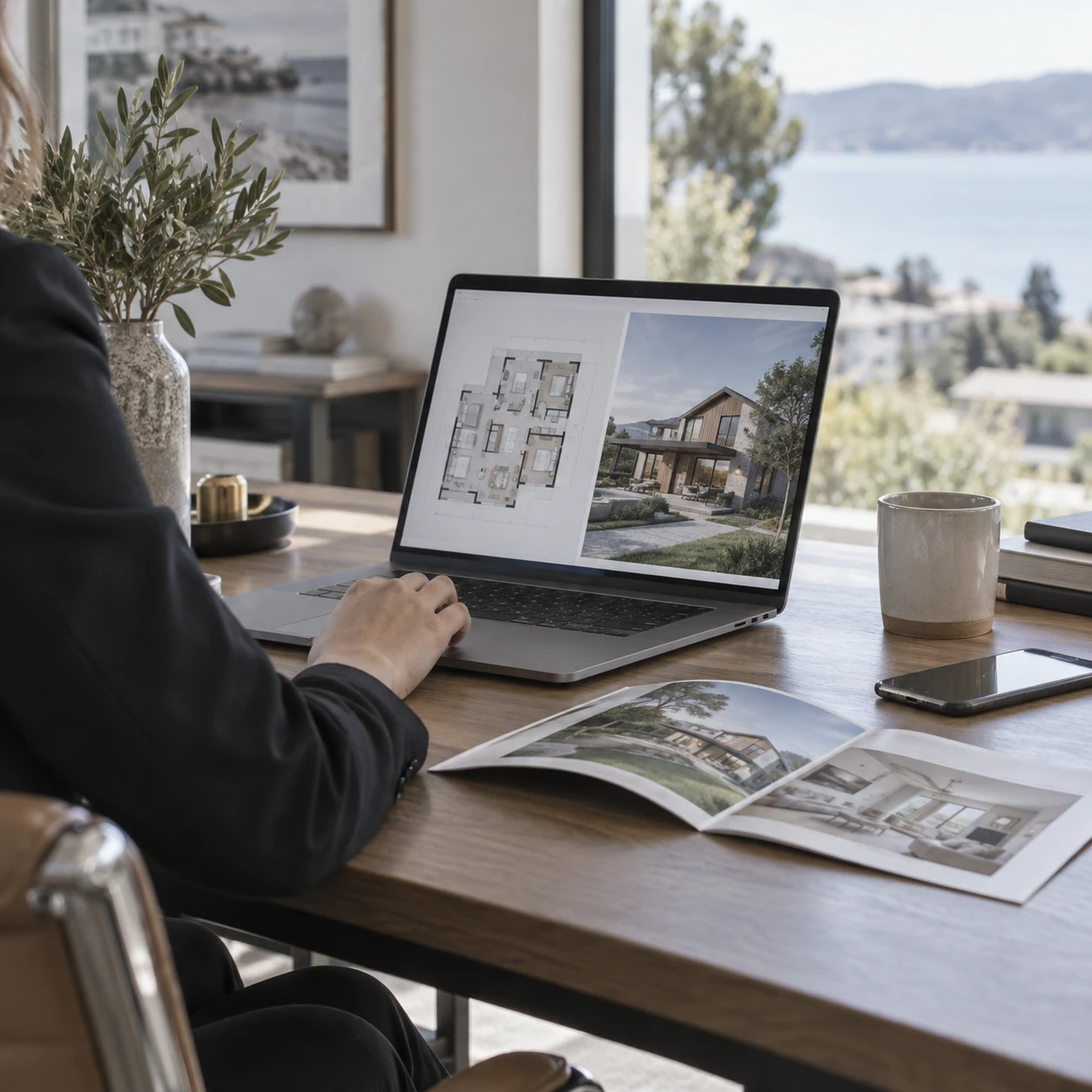 Agente immobiliare che controlla una planimetria e il render di esterni corrispondente su un laptop