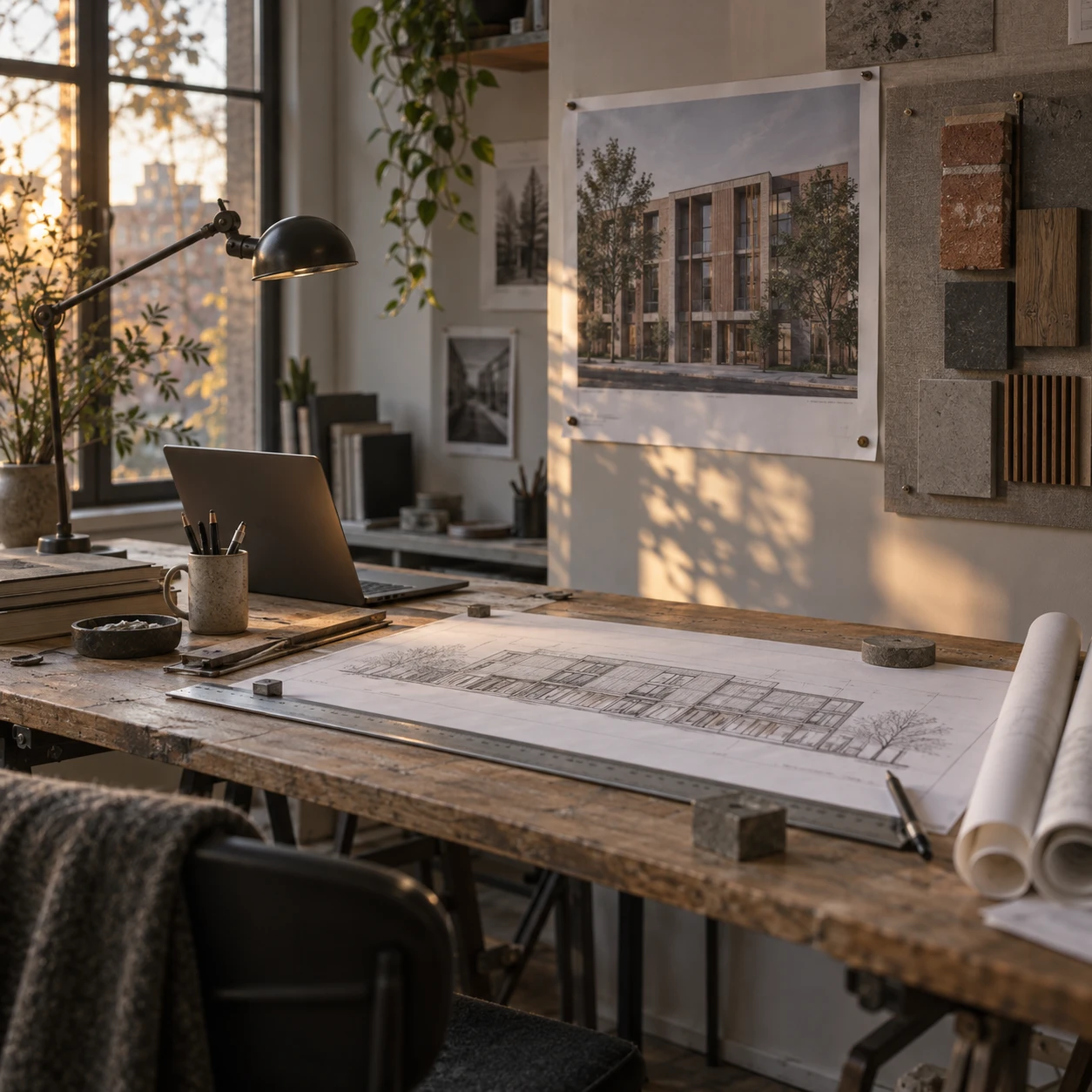 Spazio di lavoro di uno studio di architettura con planimetria, prospetto renderizzato e campioni di materiali disposti insieme