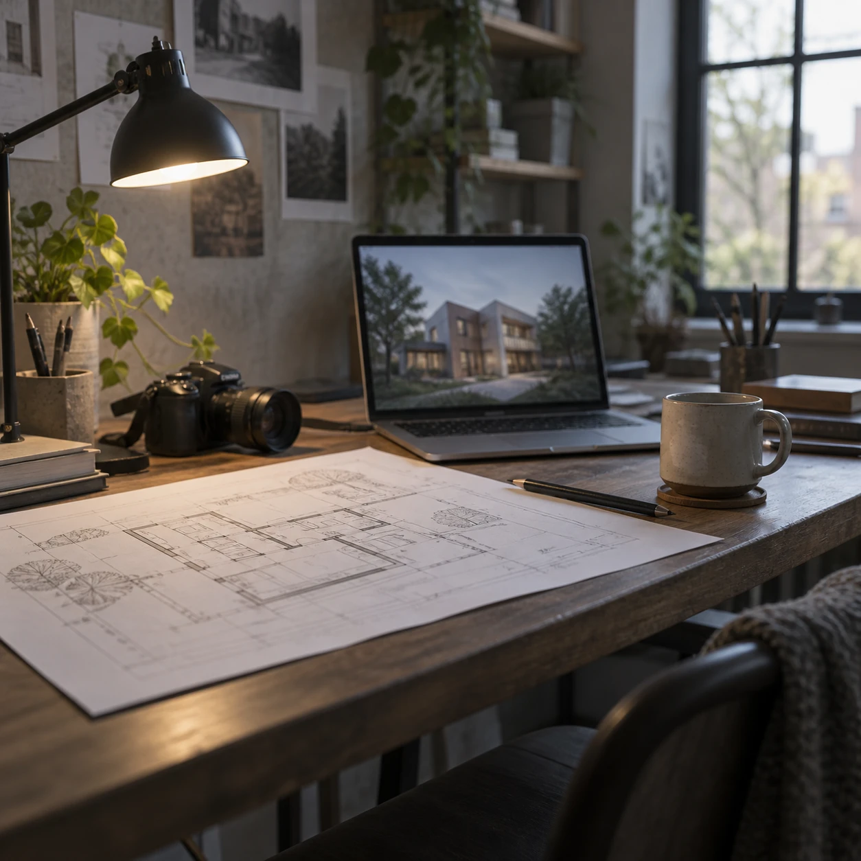 Scrivania di un disegnatore freelance con una planimetria stampata, un laptop e un render di esterni finito sullo schermo