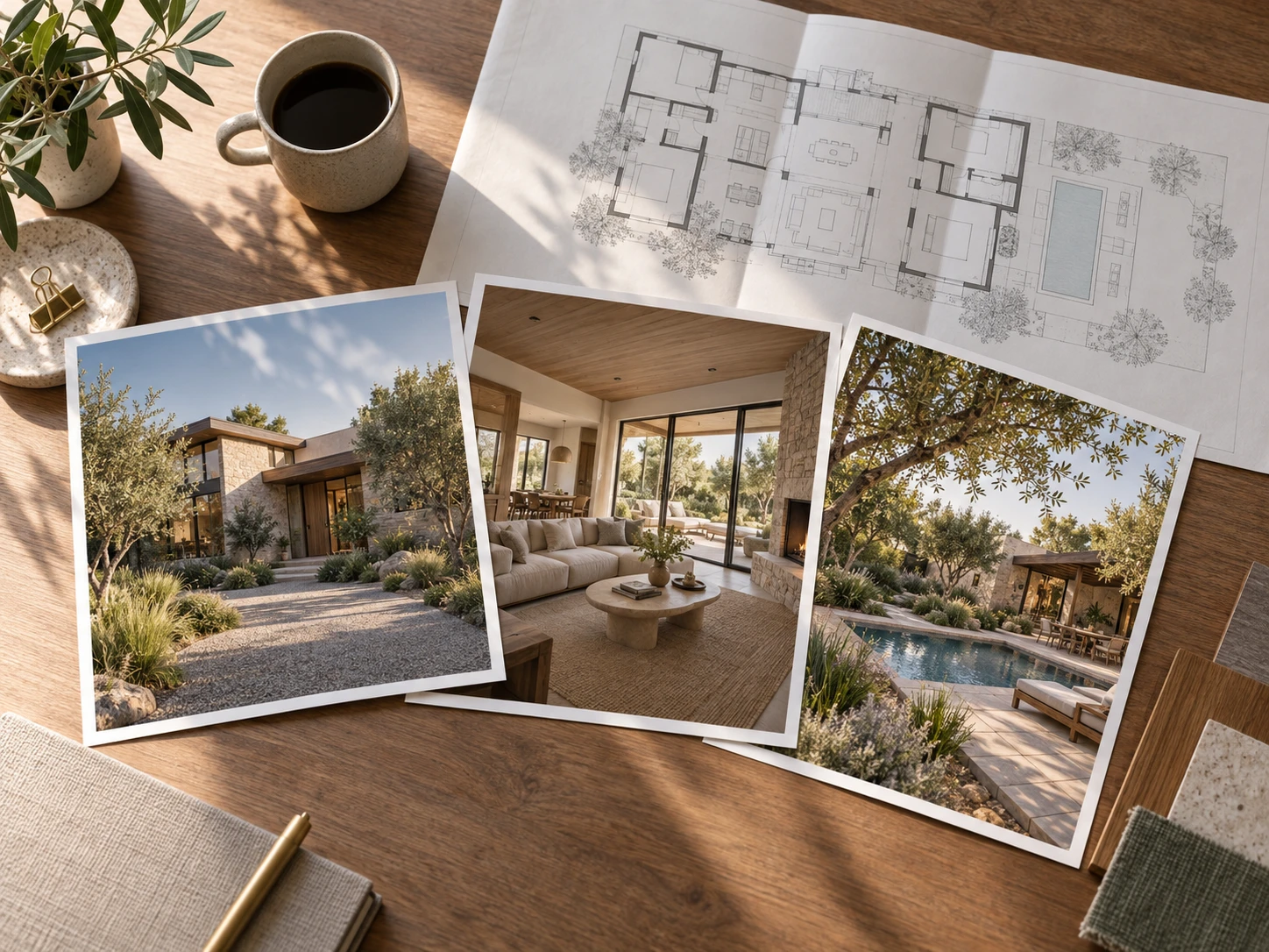 Vista suddivisa con un render di esterni, un render di interni e un render di paesaggio salvati nello stesso spazio di lavoro Archybase