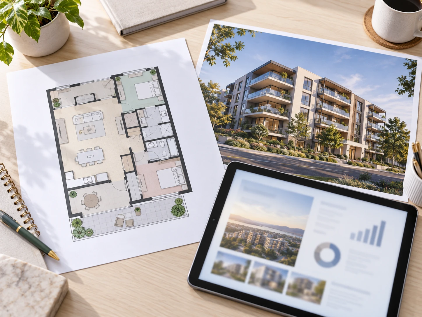 Presentazione di sviluppo immobiliare che mostra una planimetria accanto al render di esterni corrispondente