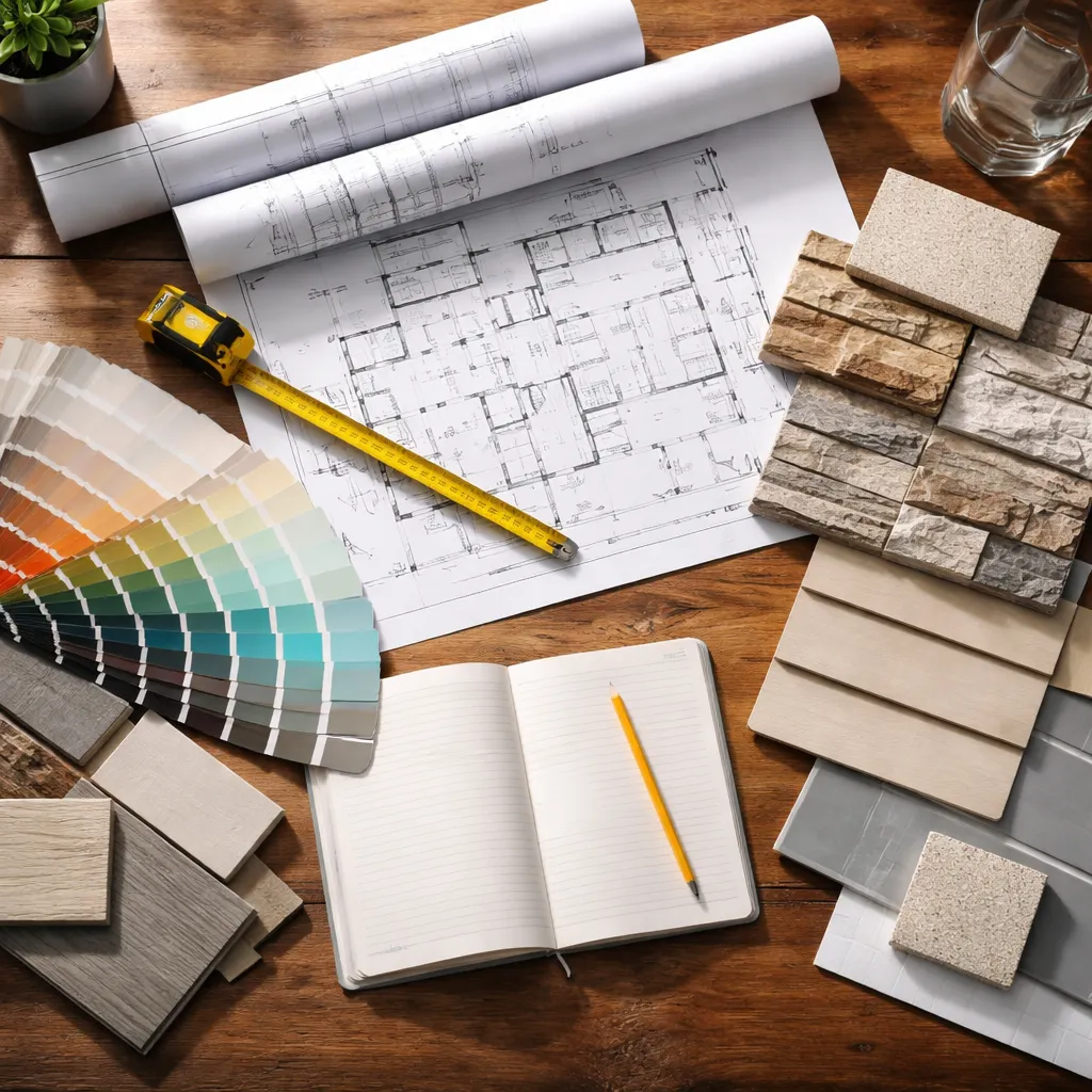 Materiali per la pianificazione di ristrutturazioni domestiche inclusi campioni di pittura e materiali con planimetria