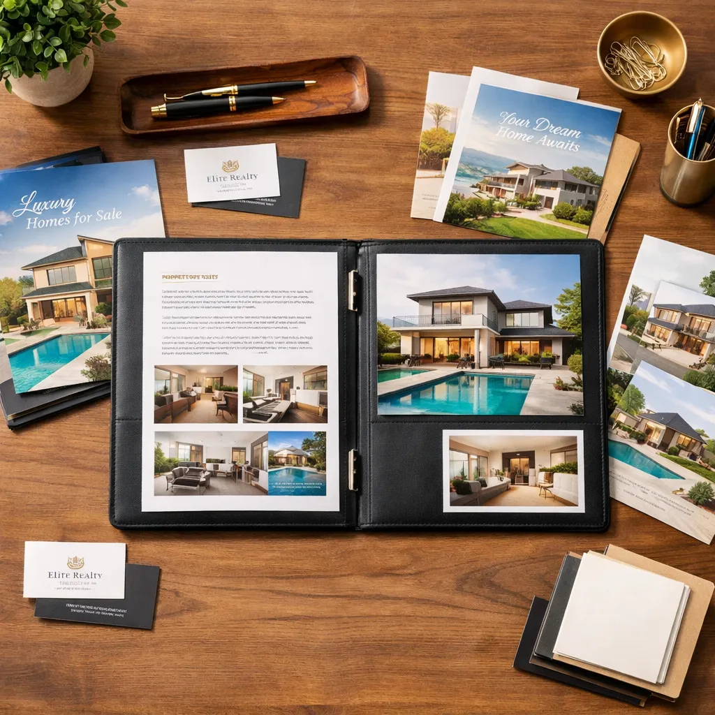 Materiali di marketing immobiliare con foto di annunci di case e cartelle di presentazione