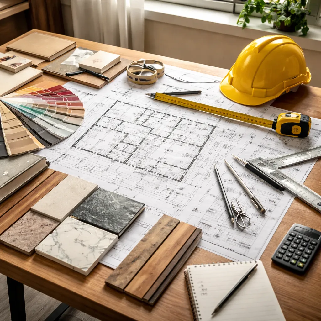 Progetti di costruzione con campioni di colore e strumenti di disegno architettonico sulla scrivania