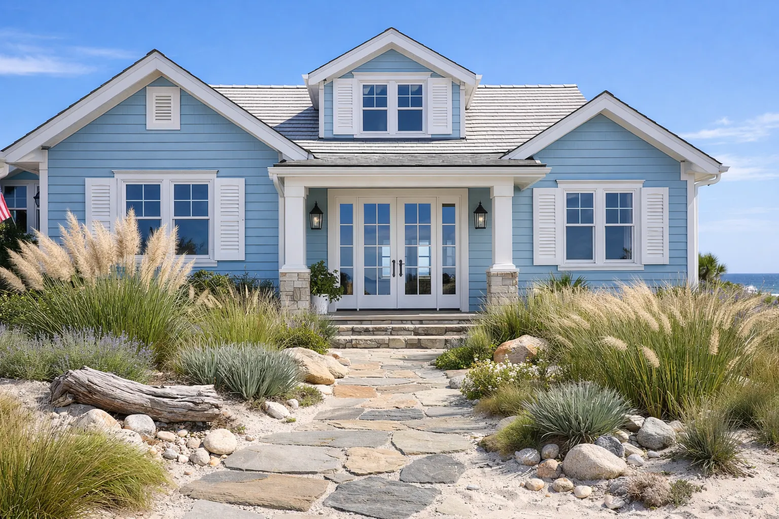 Miglior risultato gratuito di design esterno casa AI che mostra vernice blu costiera e finiture bianche