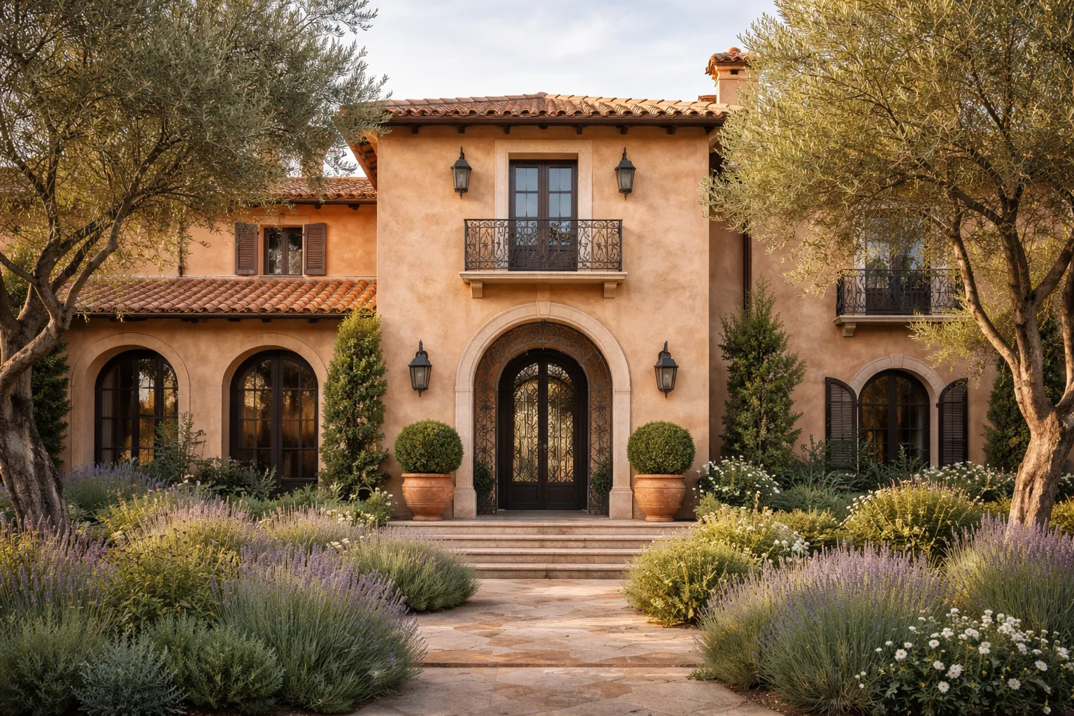 Rendering AI gratuito del visualizzatore casa che mostra esterno in stucco con tegole in terracotta