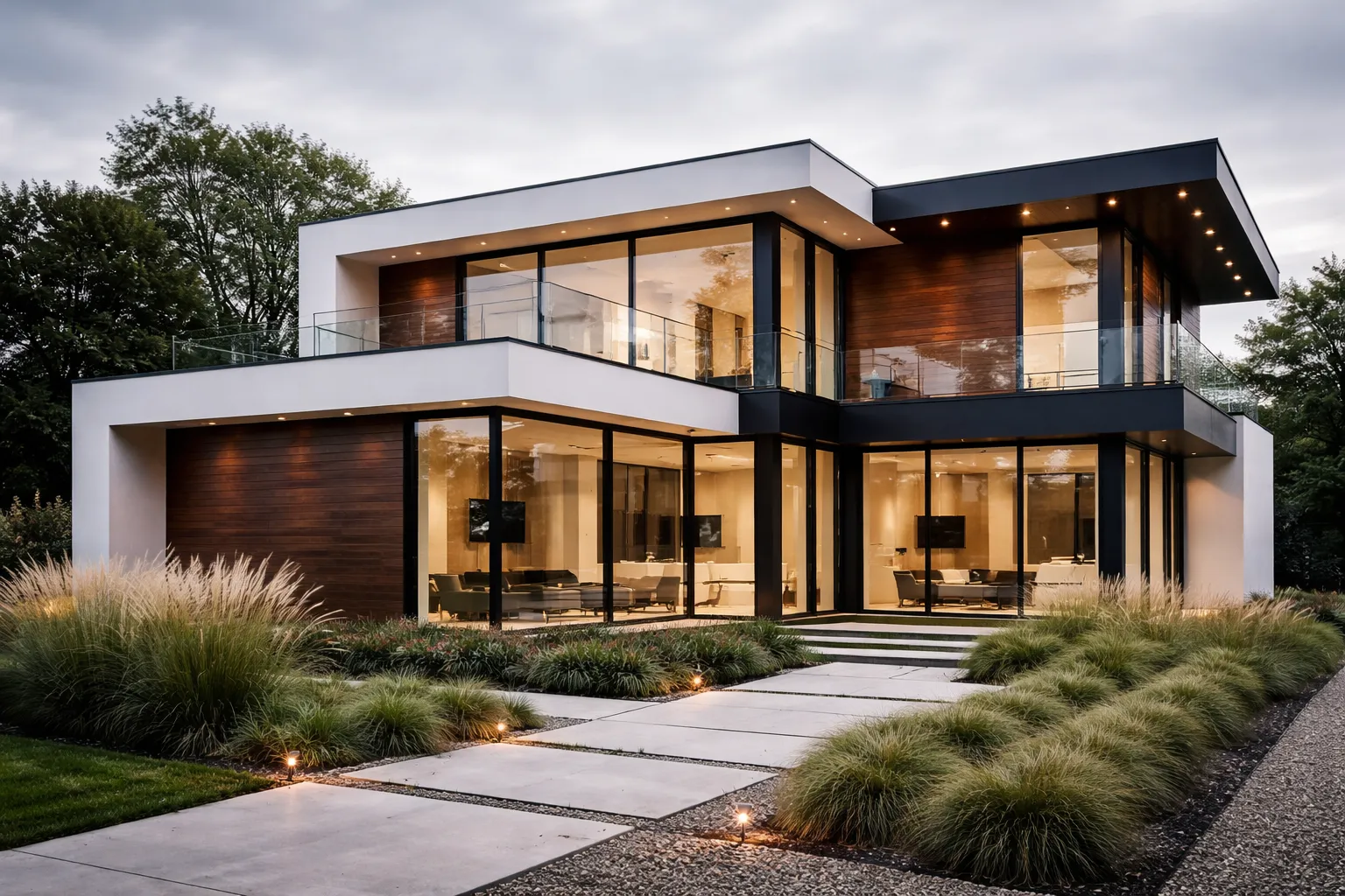 Miglior design esterno casa AI che mostra architettura moderna in vetro e acciaio