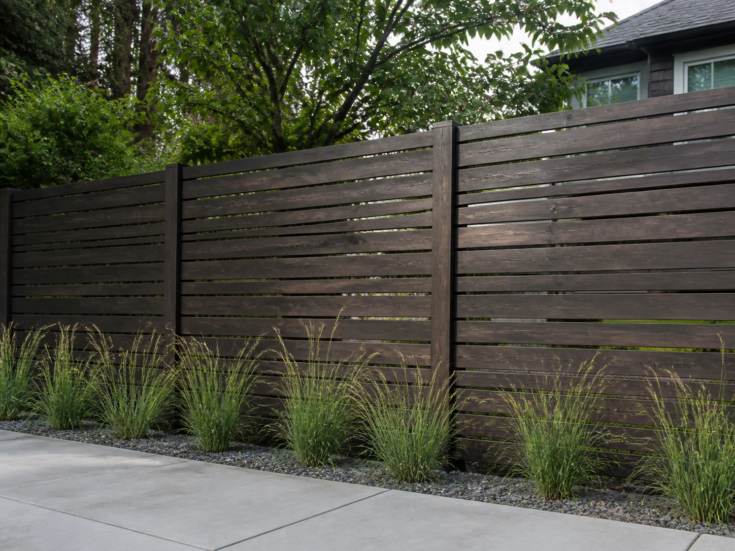 Modern horizontal slat fence with dark wood stain