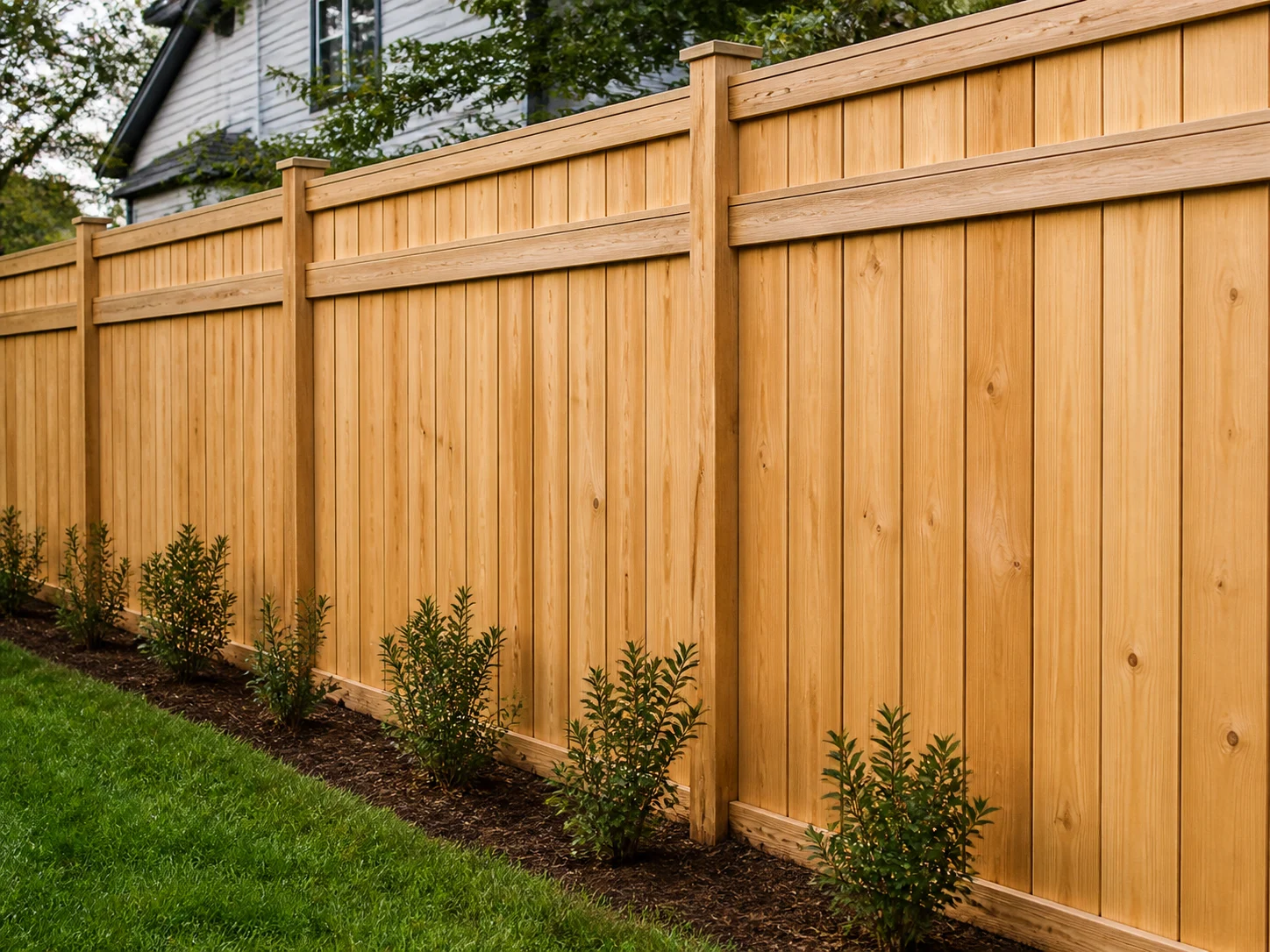 Natural wood privacy fence with warm untreated finish