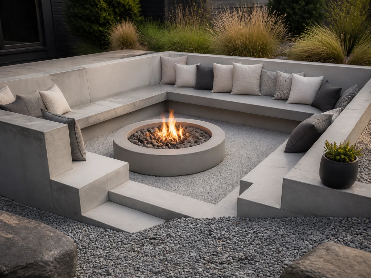 Modern sunken fire pit with concrete seating and gravel surround
