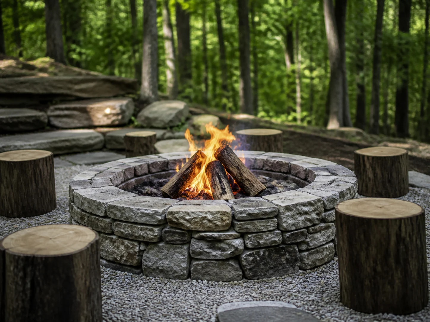 Rustic stacked stone fire pit with log seating