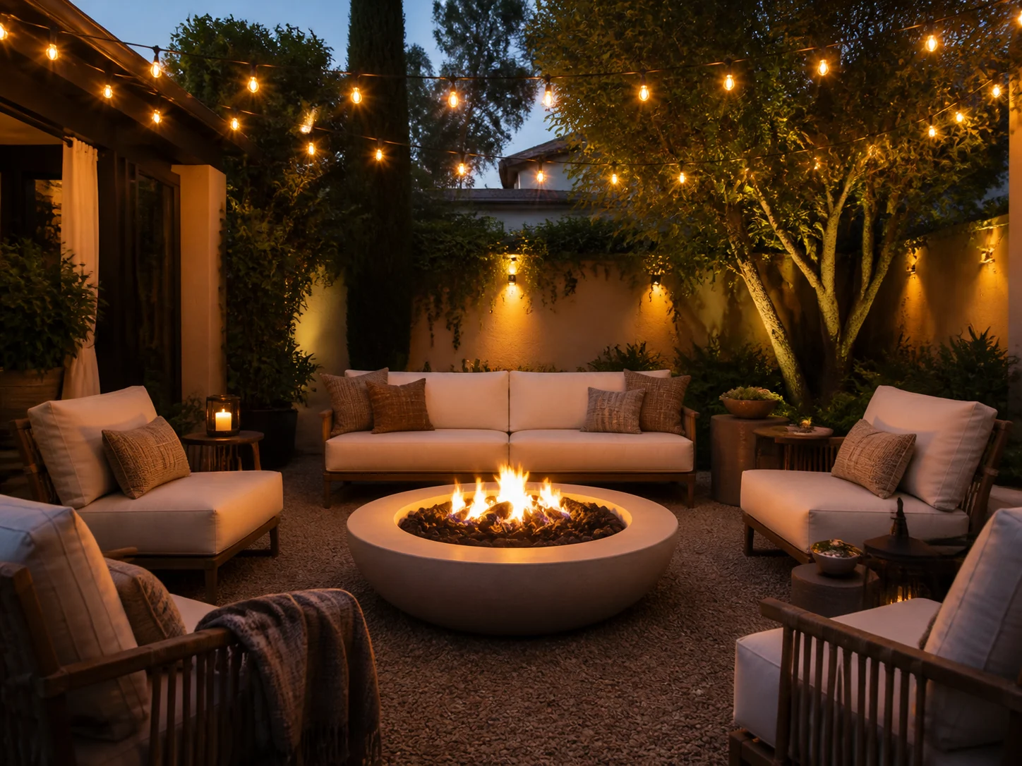Cozy fire pit lounge with cushioned seating and string lights