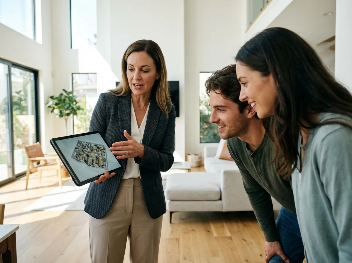 Real estate agent presenting a 3D floor plan visualization to a client at a property showing