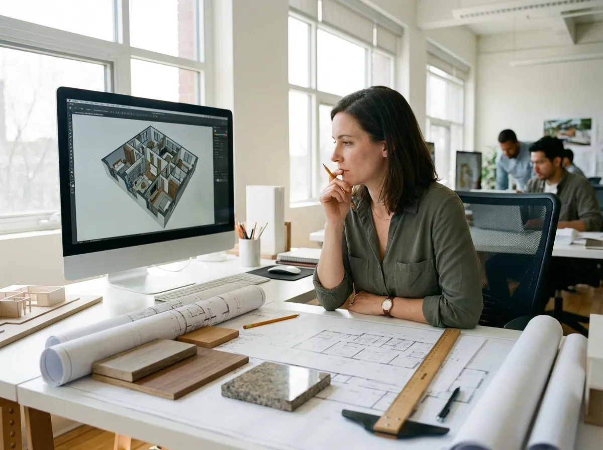 Architect reviewing AI-generated 3D model from a floor plan on a large monitor in a design studio