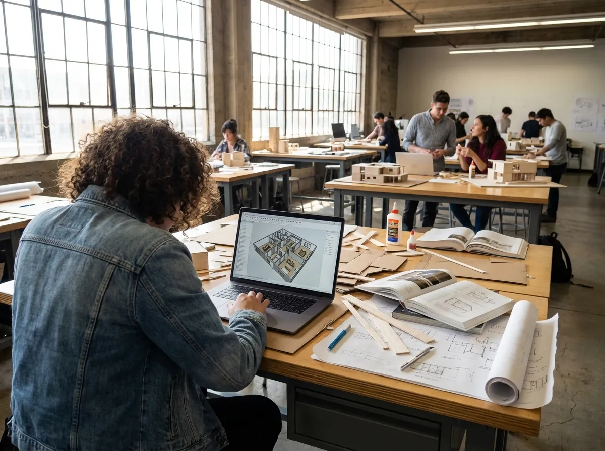 Architecture student working on a 3D floor plan AI model on a laptop in a university studio