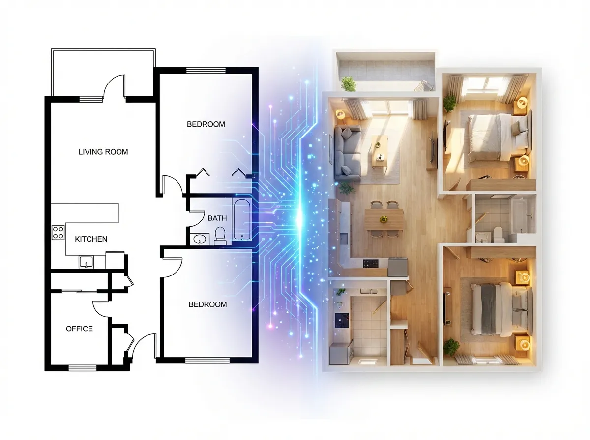 AI automatically detecting walls and rooms from a 2D floor plan to generate a 3D model