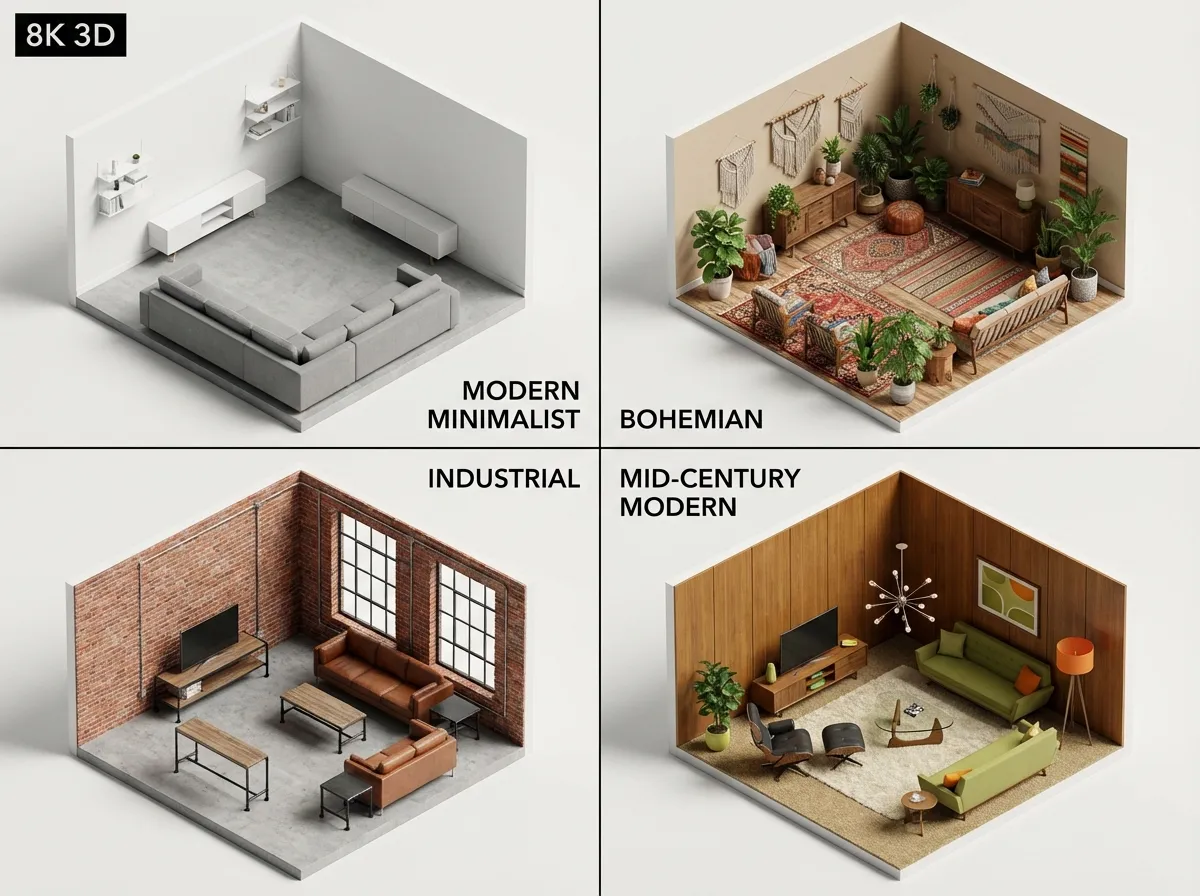 Multiple interior design style options applied to the same 3D floor plan AI model