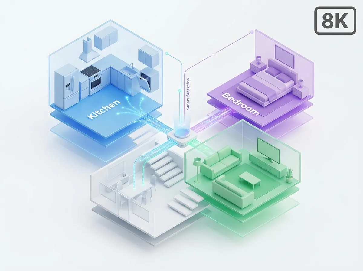 AI-detected room types on a floor plan with automatically placed furniture in the 3D model