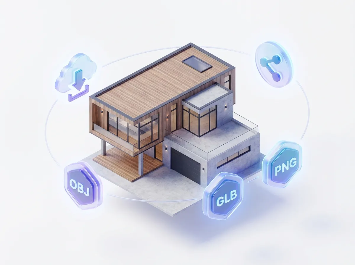 Export options for AI-generated 3D floor plan models including image, 3D file, and shareable link