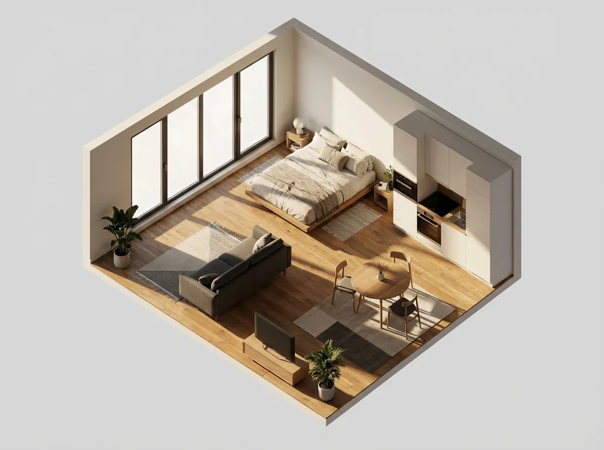 AI-generated 3D model from a modern apartment floor plan showing furnished living space