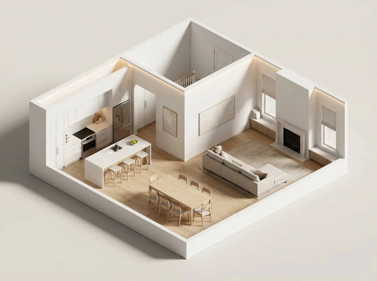 3D floor plan AI render of an open-concept family home interior
