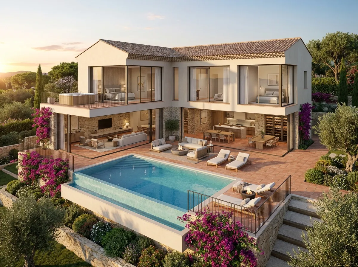 AI-converted 3D model of a luxury villa floor plan with pool and landscaping
