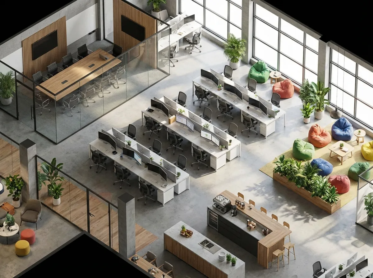 3D AI render of a commercial office floor plan with workstations and meeting rooms