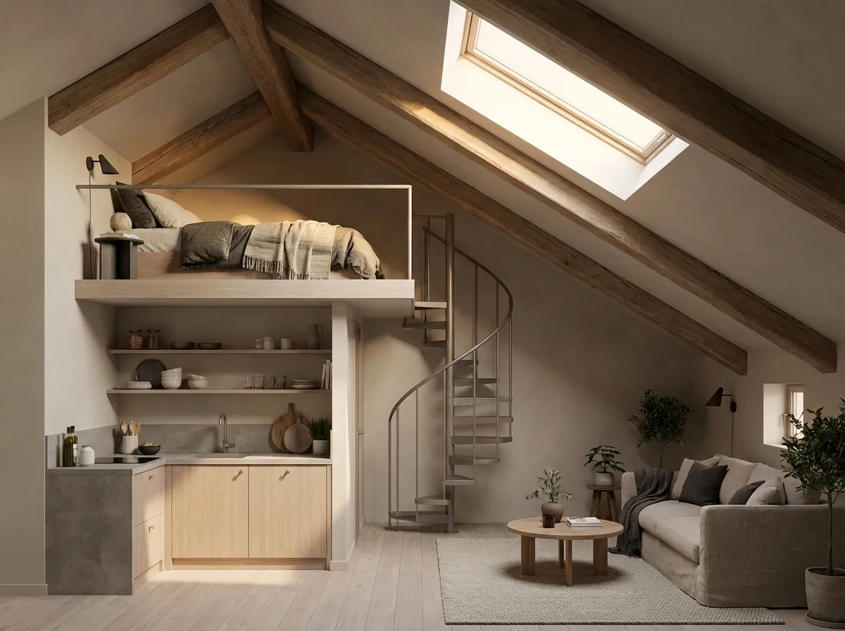 AI floor plan to 3D model of a Scandinavian-style loft with warm lighting