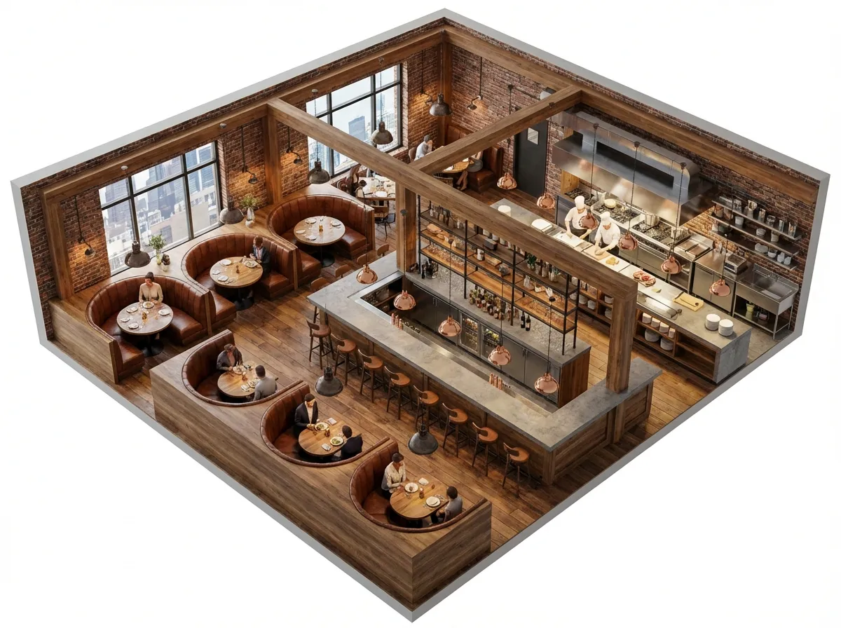 3D floor plan AI visualization of a restaurant interior layout with seating