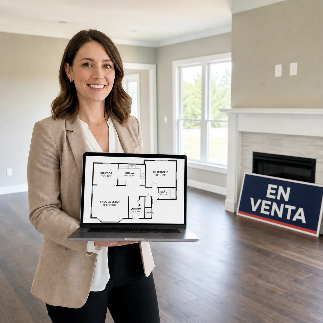 Agente inmobiliario exportando un plano de planta para un anuncio de venta