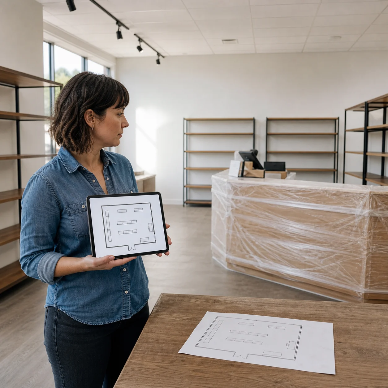 Kleinunternehmer plant ein Laden- oder Bürolayout mit dem Grundriss-Ersteller