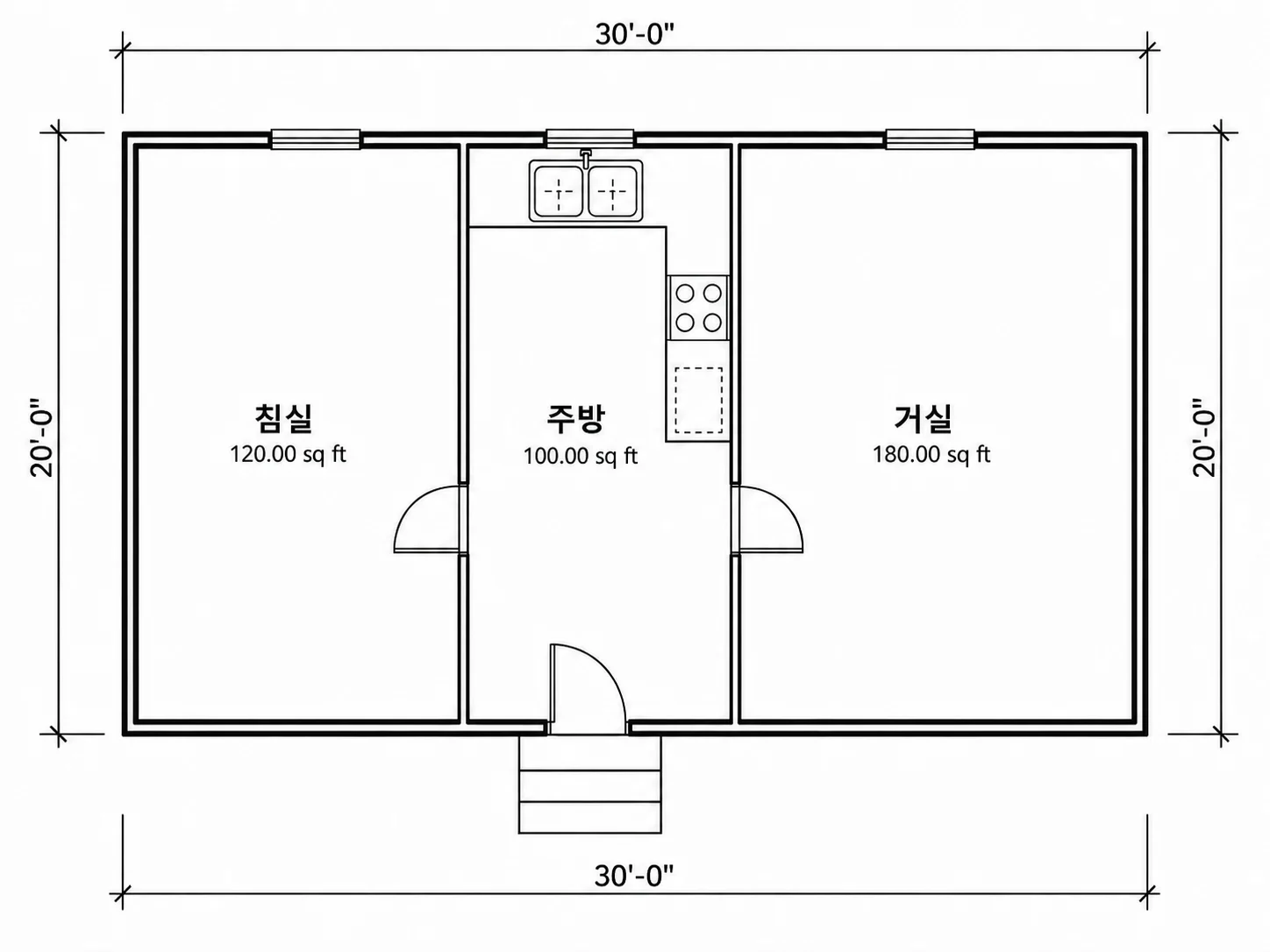 방 이름과 면적이 표시된 평면도 화면