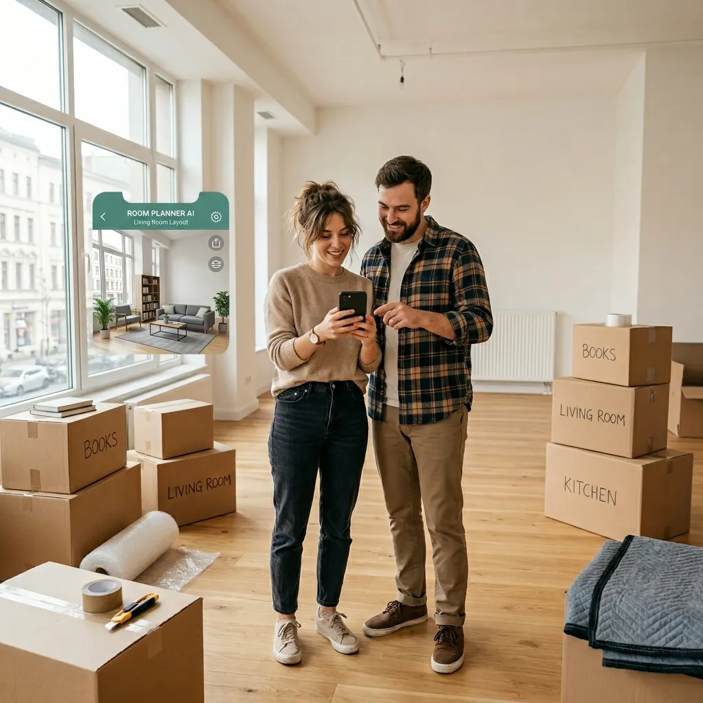 Nuevo propietario mirando una distribución de muebles por IA en un teléfono en un piso vacío