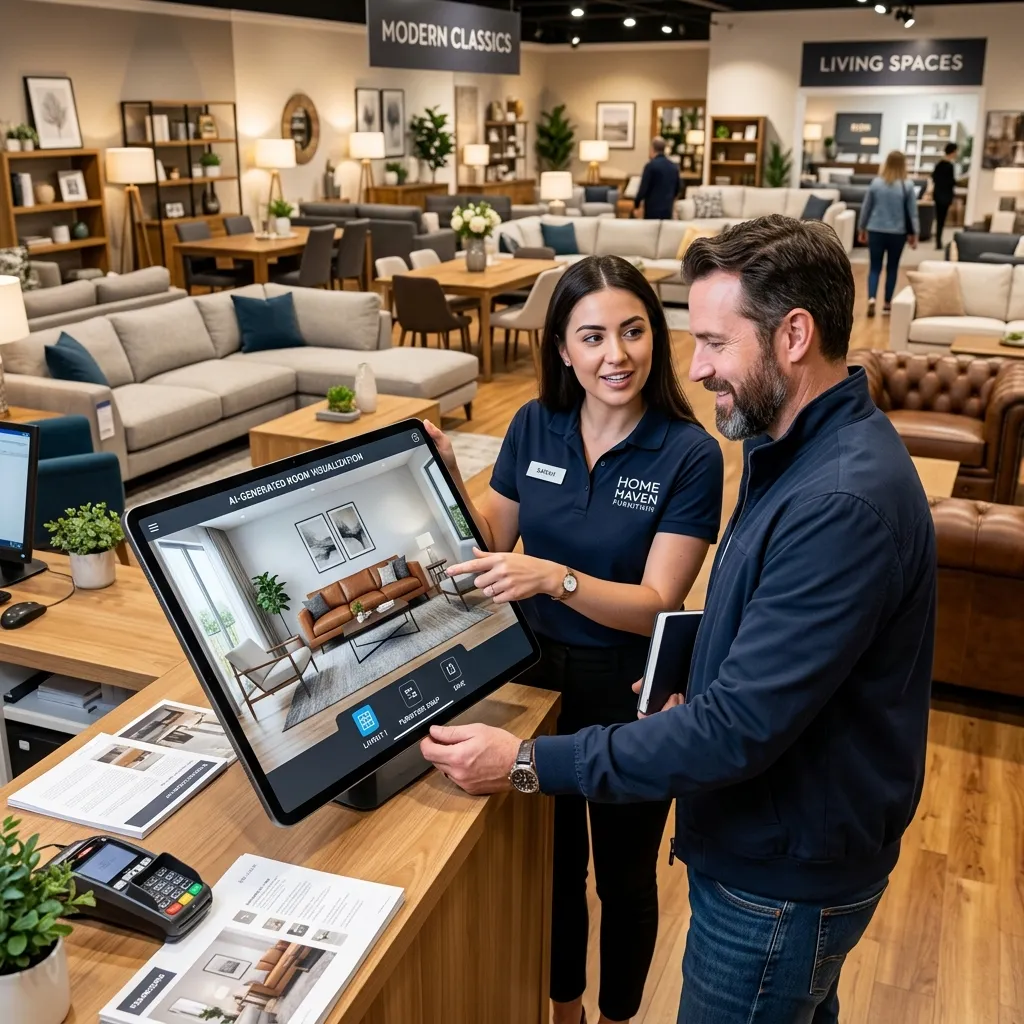 Empleado de tienda mostrando a un cliente una distribución de habitación por IA en una tablet