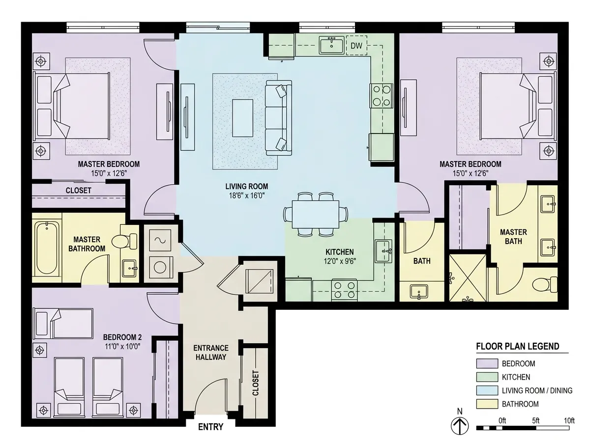 Plano que muestra a la IA detectando tipos de habitación y colocando muebles funcionales
